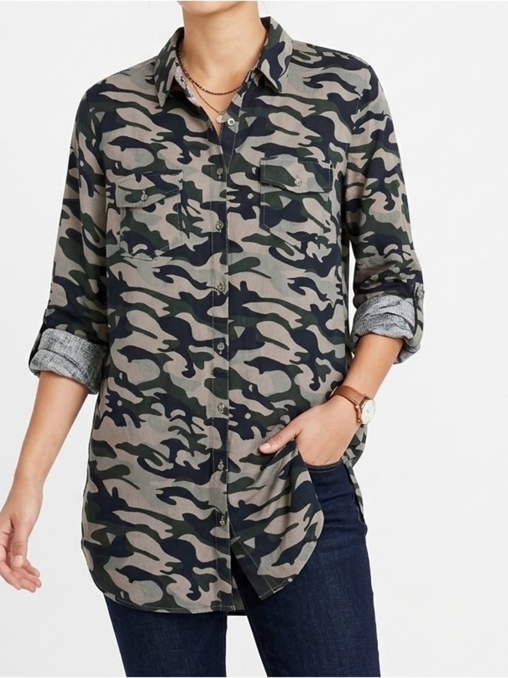 Women’s Camo Button Up Shirt Long Roll Tab Sleeve Blouse Camouflage Large Tunic